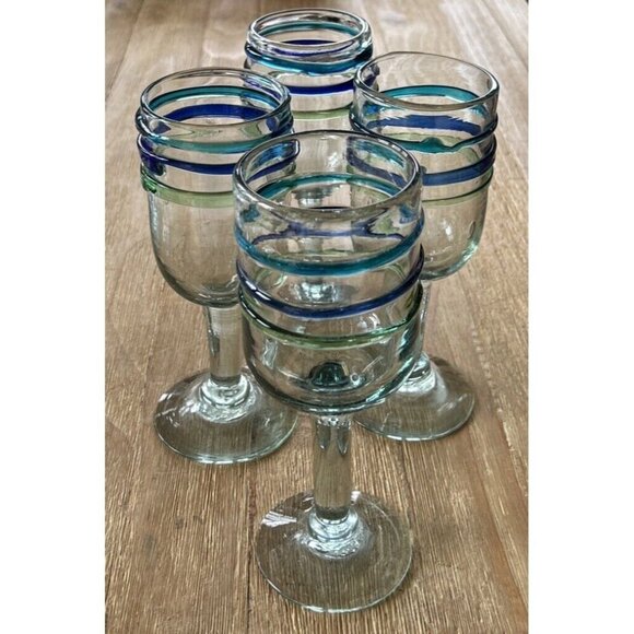 Lot Of 4 Pier 1 Blown Glass Water Goblets Raised Rings Bubbles Blue Vintage - Picture 1 of 4